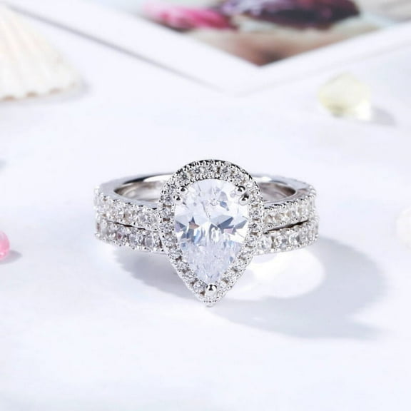 Eclet Jewes 1.9 Ct Pear Cut White Diamond Ring for Her - 14K White Gold Plated Ring - Bridal Set Engagement Wedding Halo Diamond Jewelry for Women's - Gorgeous Anniversary Gift with Band for Women's