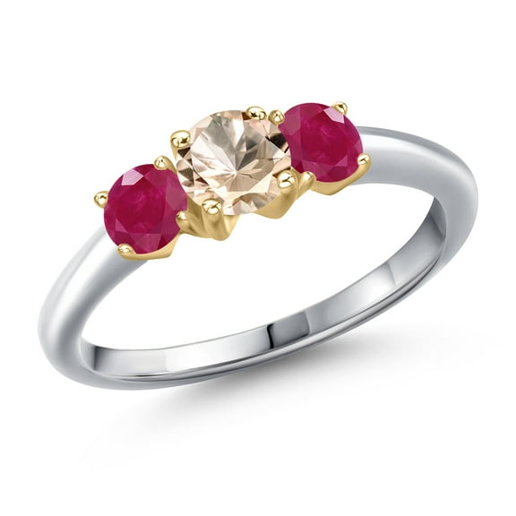 Gem Stone King 10K Two Tone Gold Peach Morganite and Red Ruby Engagement Ring for Women | 1.10 Cttw | Round 5MM | Gemstone October Birthstone | Size 5
