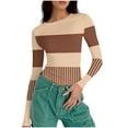 thumbnail image 5 of aidice Shirts for Women Casual Crewneck Long Sleeve Slim Fitting Striped Color Block Fall Tee Shirts, 5 of 5