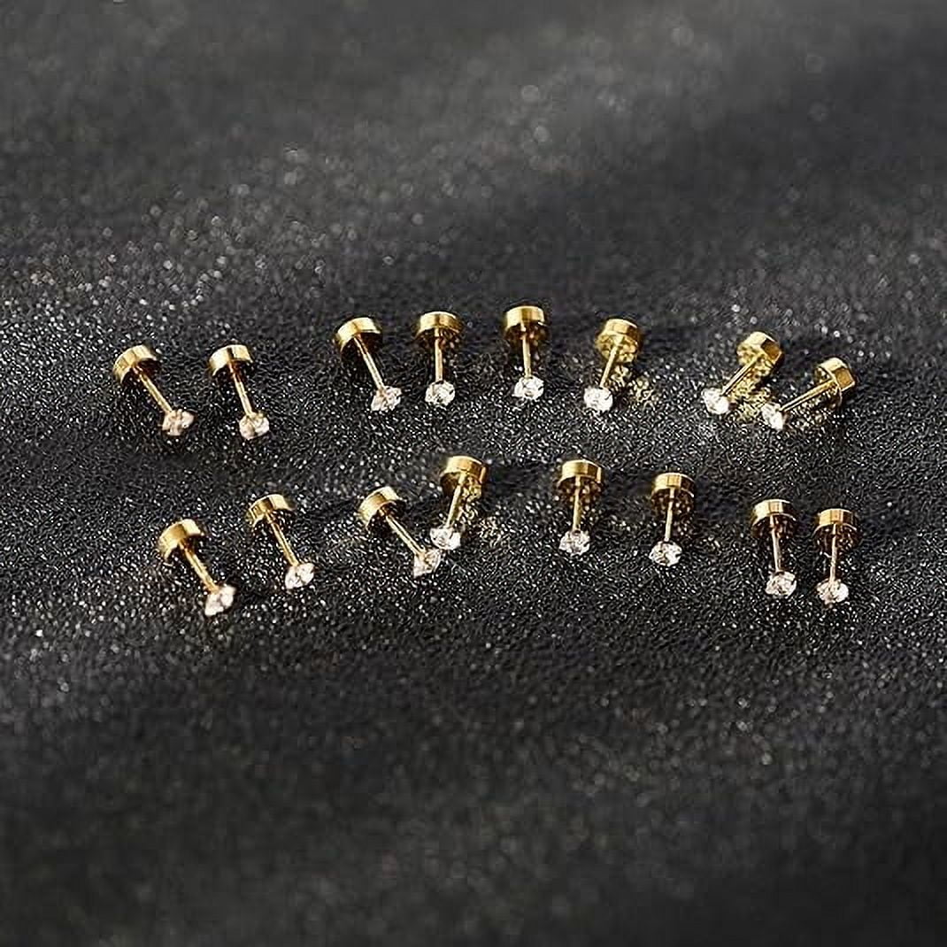 Xukmct 18 Pairs Studs Earrings 2mm Round Cubic Zirconia Earring Flatback 316L Stainless Steel Studs Earrings for Women Men, Gold