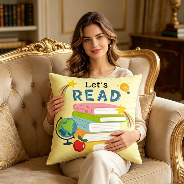 Aufmer Letter Printed Reading Theme Cushion Cover Literary Element Design Soft Fabric Texture For Home Living Room Sofa Bedroom Study Space Decor(45*45cm)
