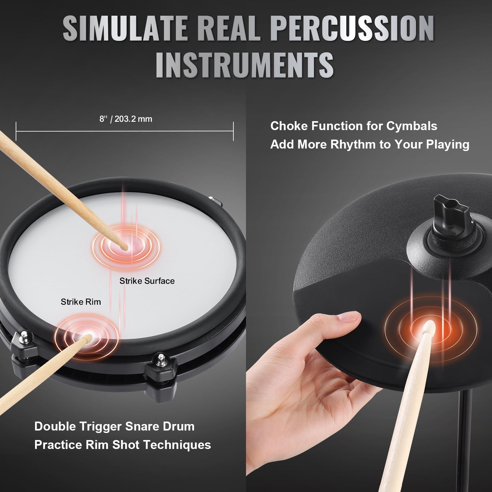 KFFKFF Electronic Drum Set, Collection of 32 Drum Kits & 480 Unique Sounds, 8 in Silent Mesh Snare, USB MIDI Compatible, Comes with 10 in Cymbals, Drum Sticks & Headphones