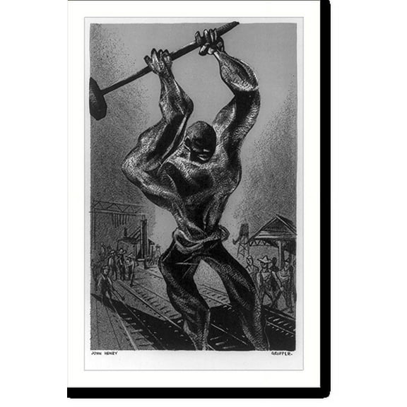 Historic Print, John Henry" swinging sledge on rr track", 18" x 24"