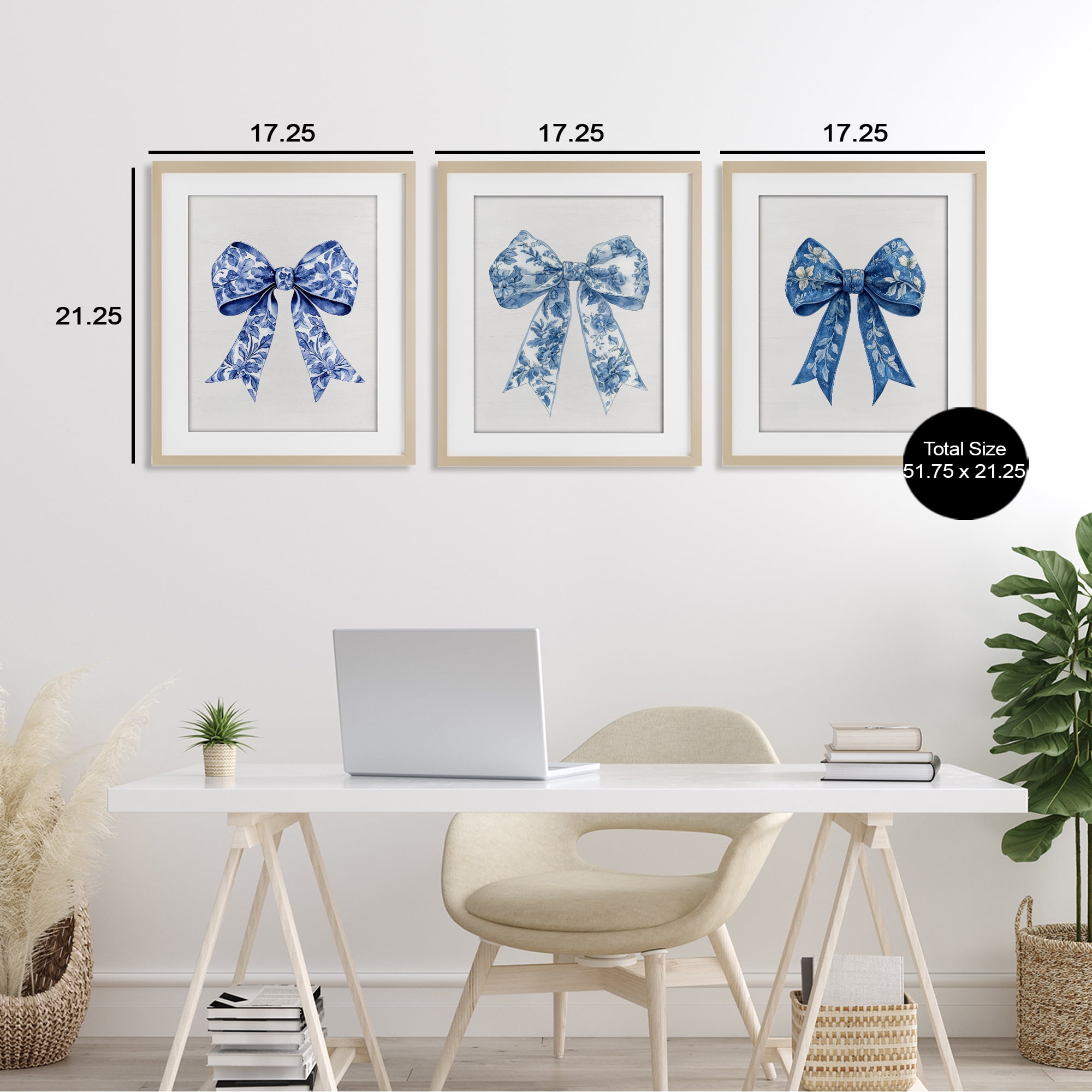 Vintage Toile Pattern Bows 3 Piece Birch Framed Print Under Glass Set, design by Lettered and Lined