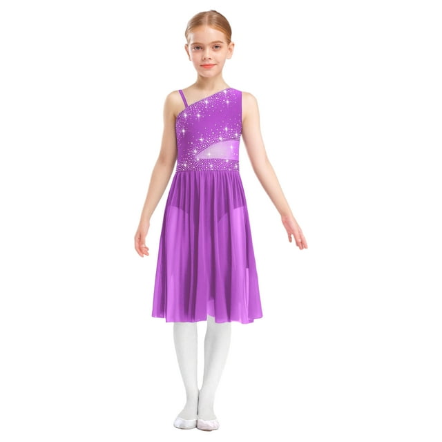 inhzoy Girls Lyrical Ballet Dance Dress Ruffled Hem for Daily Practice Competition Warm-ups Skating Competition Purple 10