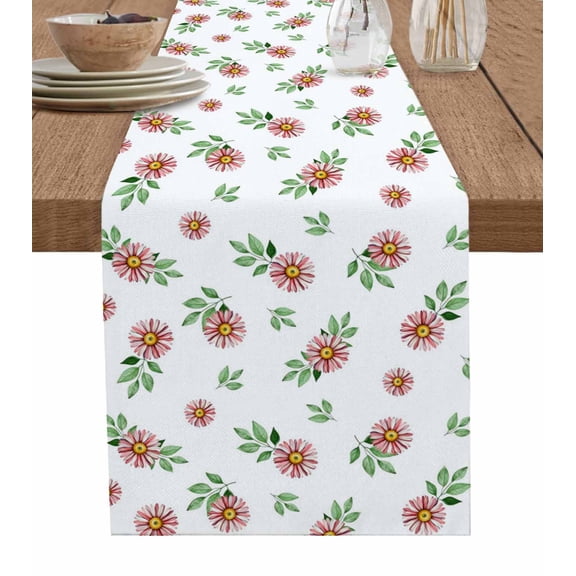 ERUNPONLY Wildflower Table Runner - 90 Inch Long Pink Floral Watercolor Pink White Summer Cotton and Linen Blended Dress Scarves Farmhouse Table Runner for Kitchen Dining, Coffee Table, 13"x90"