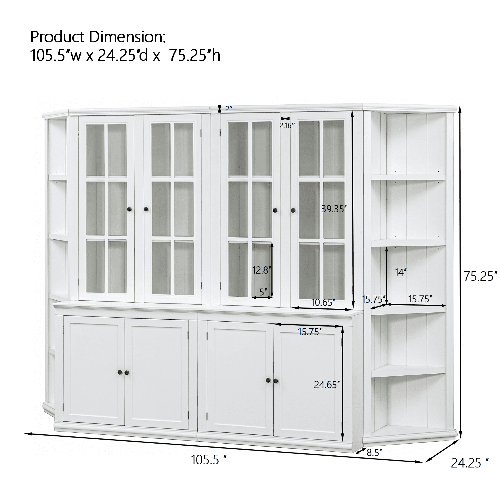 Euroco 2x 75.25'' Tall Display Cabinets and Two Triangle Sided Bookshelves, 105.5'' Wide Retro Style Wall Suit with Glass Doors, for Hallways, Living room, Office, Studio or Workspace - White