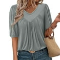 thumbnail image 6 of Stylish Olyvenn Workout Dressy T Shirt for Women Puff Half Sleeve Loose Tunic Tops Pleated Front Trendy Solid Color Blouses Top Gray XL, 6 of 8