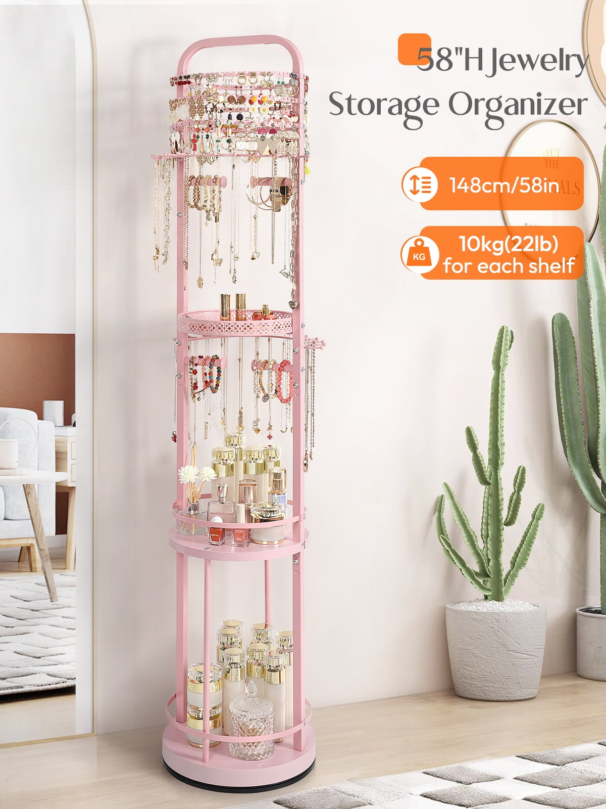 Olakee Rotating Large-Capacity Jewelry Organizer Stand for Earring, Necklace, Bracelet, Ring, Durable Metal & Wood, Girls & Women, Modern, Pink