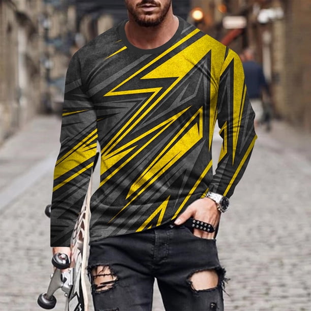 Blusas y camisas de manga larga con cuello redondo para hombre, blusa informal de manga larga con cuello redondo y estampado de rayas, blusa de poliéster para hombre