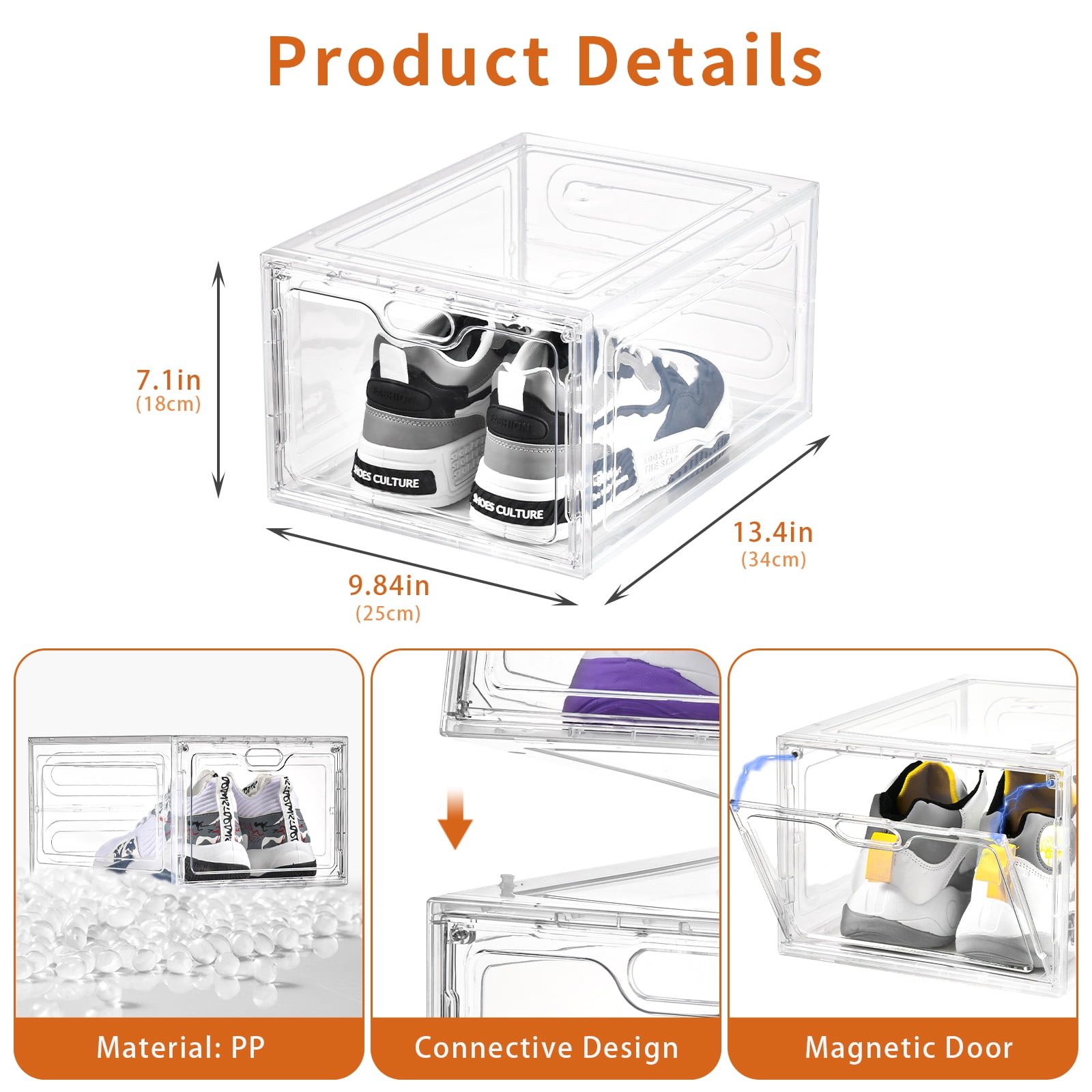 VOZOGO 6 Pack Clear Shoe Storage Organizer Box, Stackable Plastic Shoe Cabinet Box Set with Magnetic Door, Shoe Rack for Sneaker Storage,Shoe Containers 13.4"x 9.8"x 7.1"