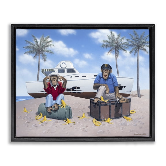 Stupell Industries Coastal Chimps & Yacht on Beach Black Floating Frame Canvas Art, 21 x 17, by Richard Courtney