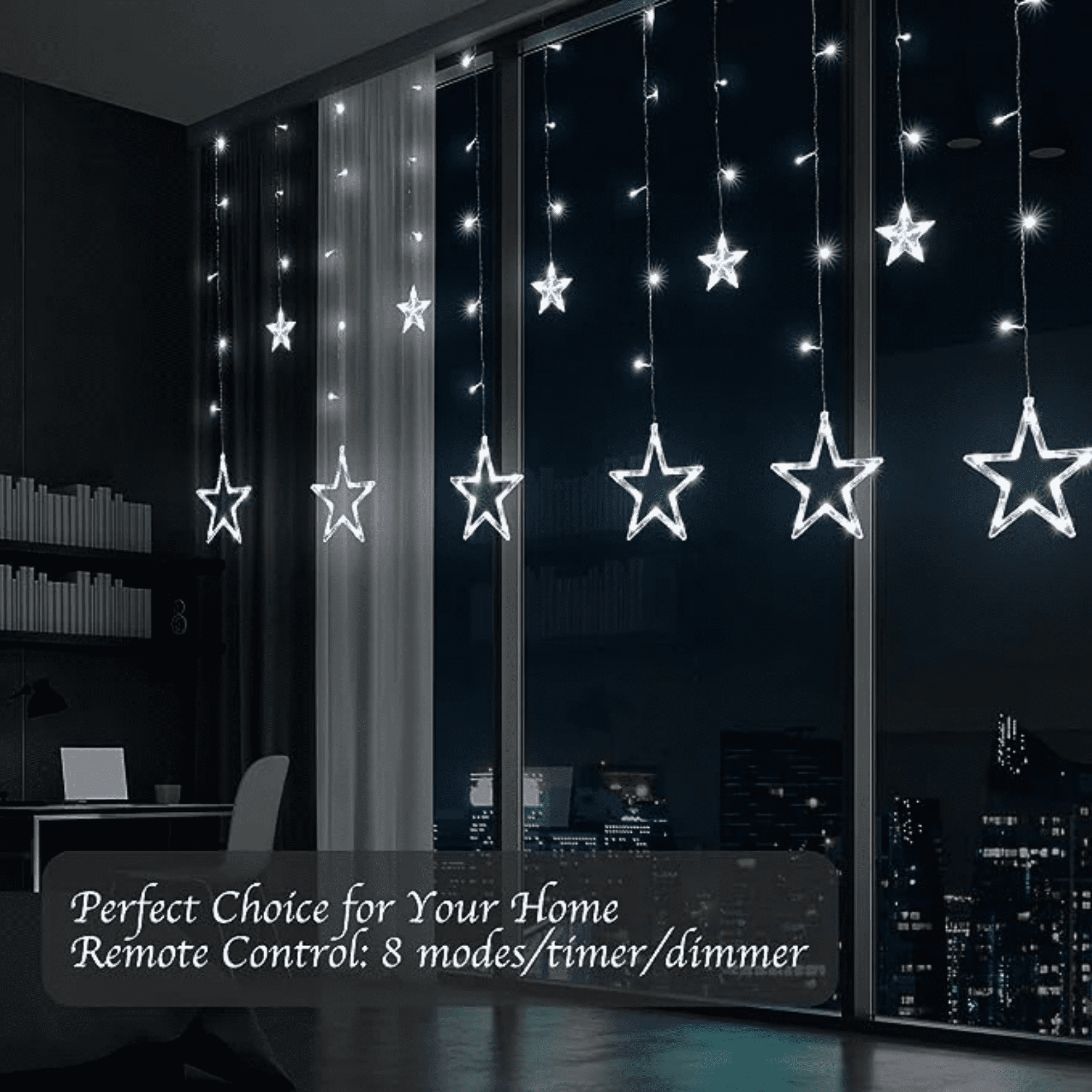 Elegani 138 LED Star Curtain Light – White Hanging String Lights with 12 Stars, 8 Lighting Modes