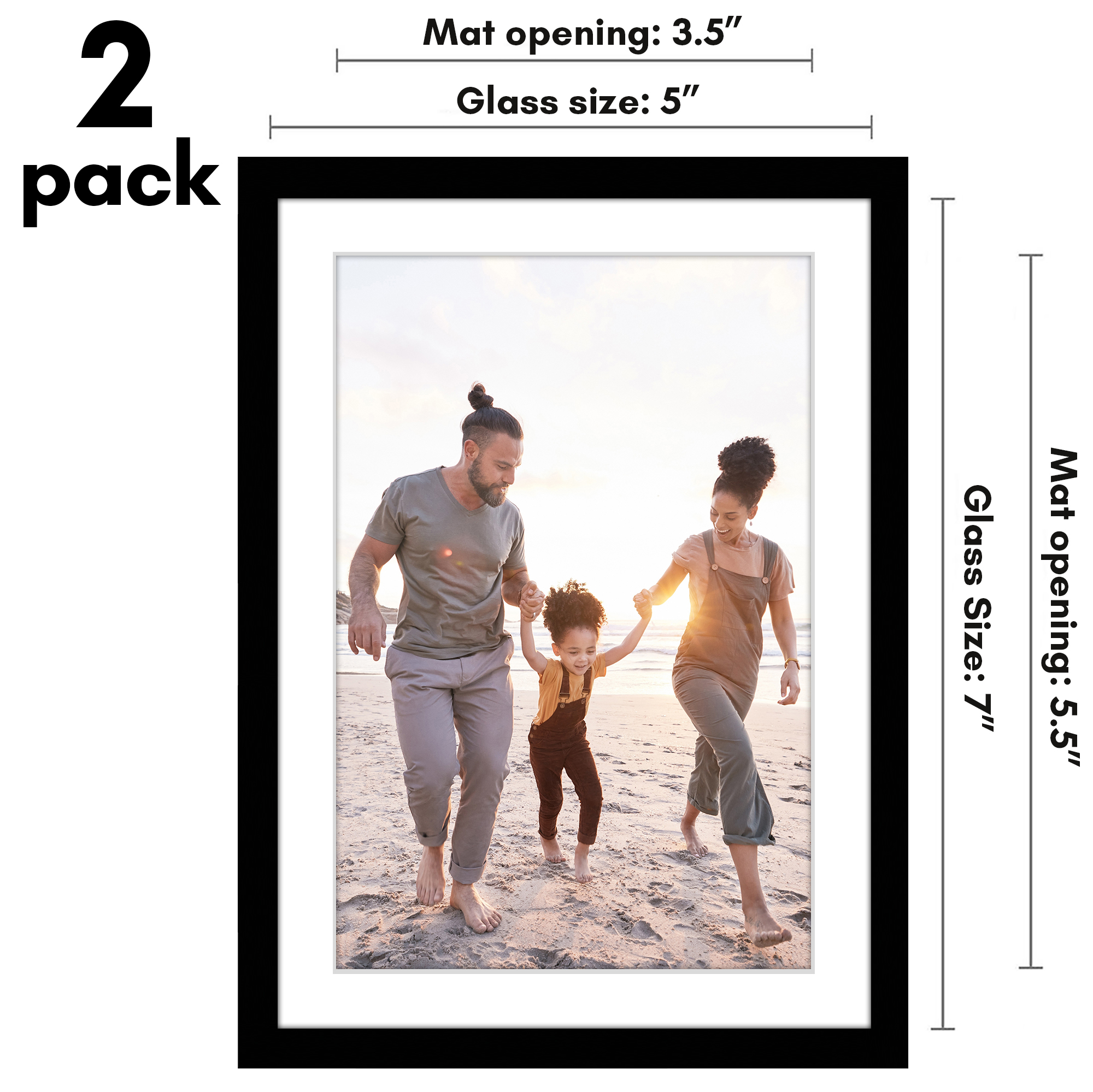 Americanflat 5x7 Picture Frame with 4x6 Mat Shatter-Resistant Glass 2 Pack Streamline Collection Thin Border - Black