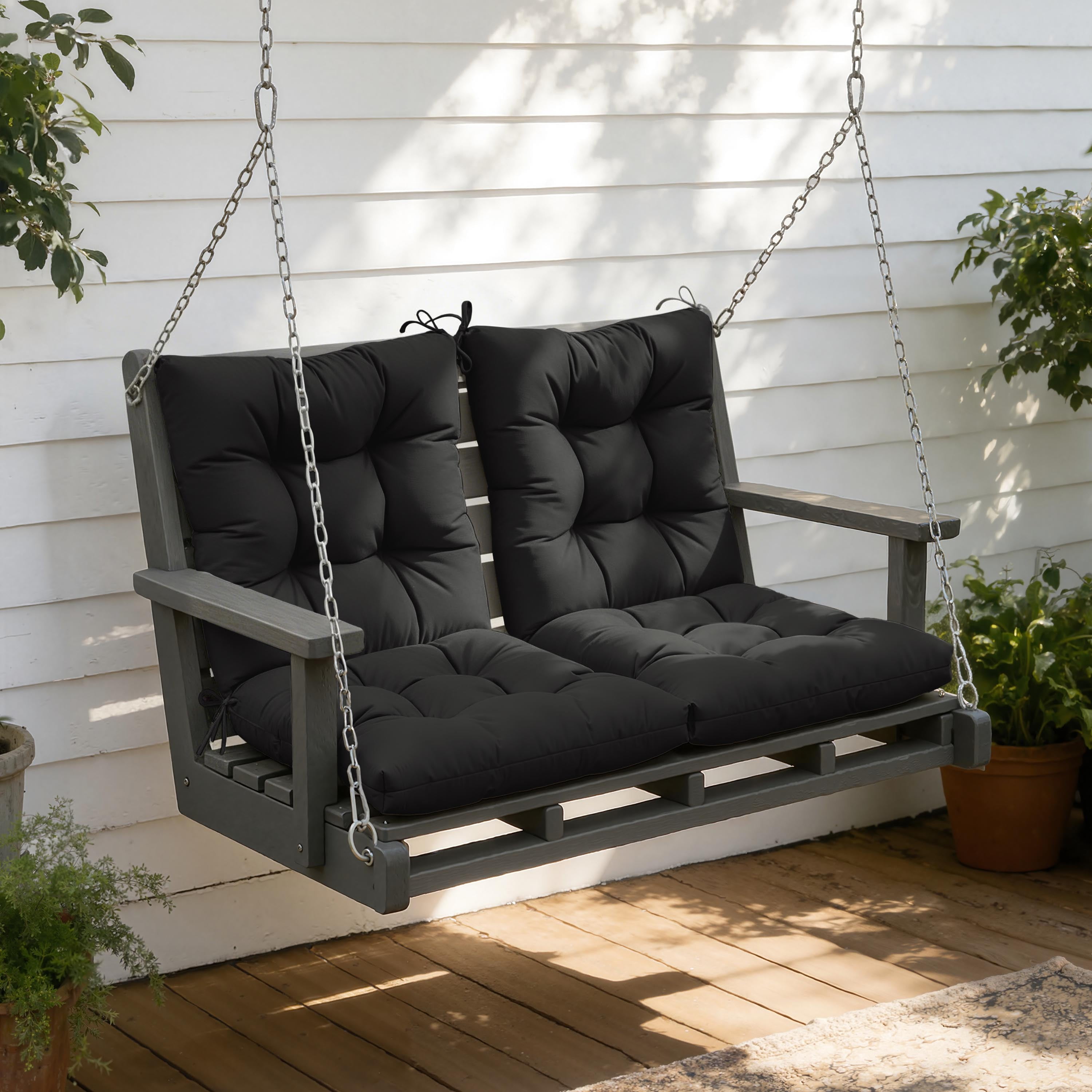 Kimunuk Outdoor Chair Cushions Set of 2, 42 x 21 x 5 in Non Slip Porch Swing Cushion Seat Back Cushions with Ties for Indoor Patio Rocking Chair, Black
