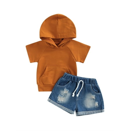 

Ma&Baby 1-4T Boy Girls Short Sleeve Hooded T-shirt and Jeans Denim Shorts Set