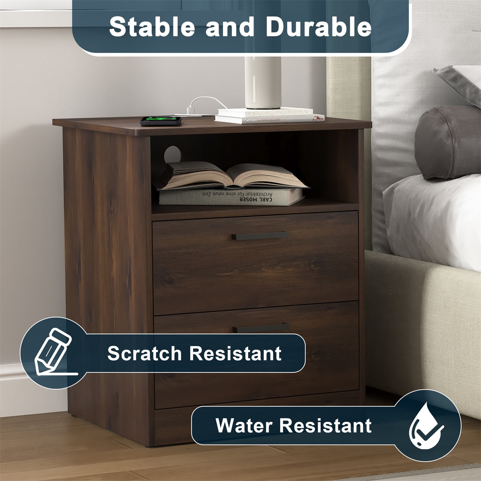 Hommoo 2 Drawer Nightstand with Open Storage, Bedside Table with USB, Brown