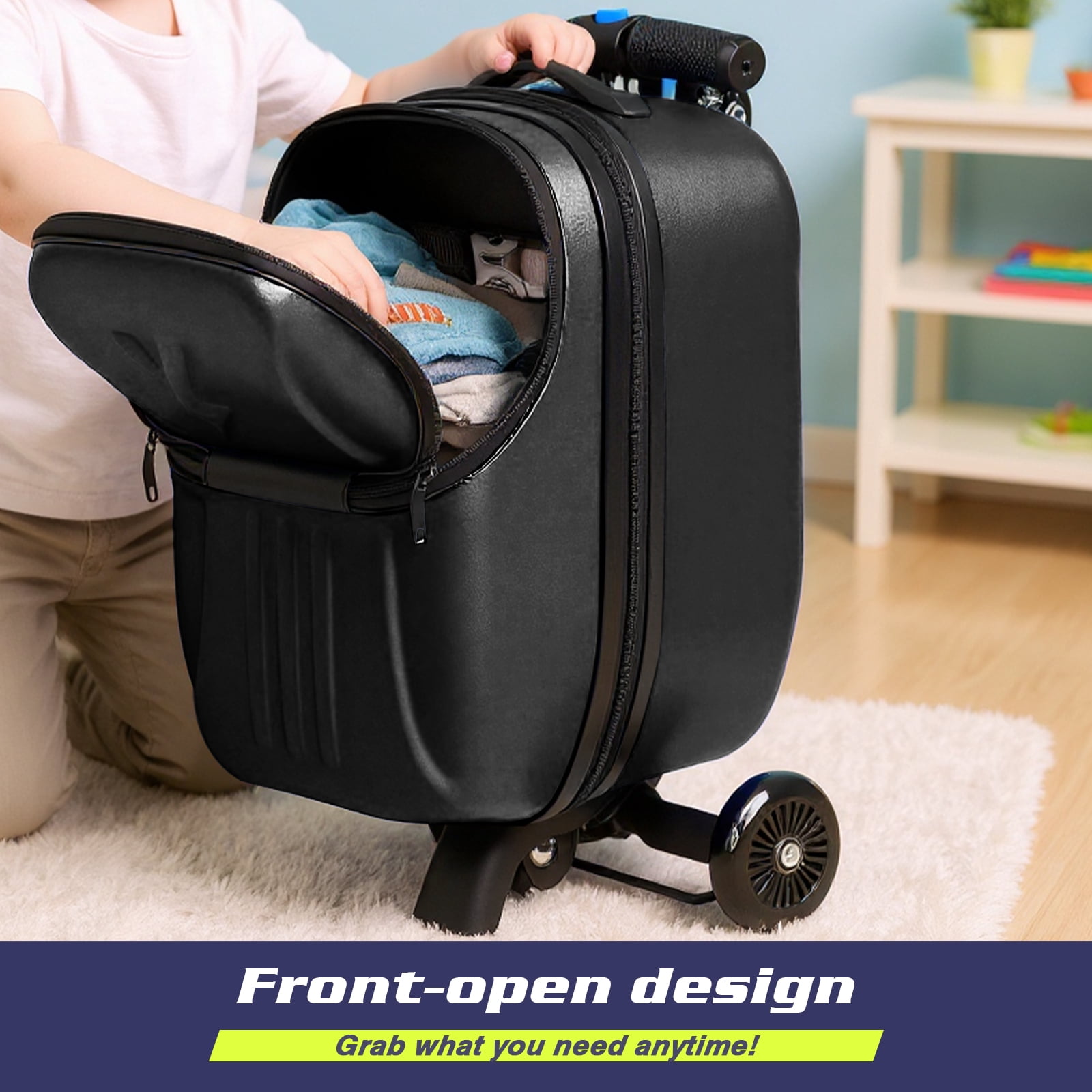 Advwin Scooter Suitcase with Top Opening & LED Light-up Wheel, Lightweight Hardshell Foldable Ride-On Luggage with Adjustable Handle for Travel, Black