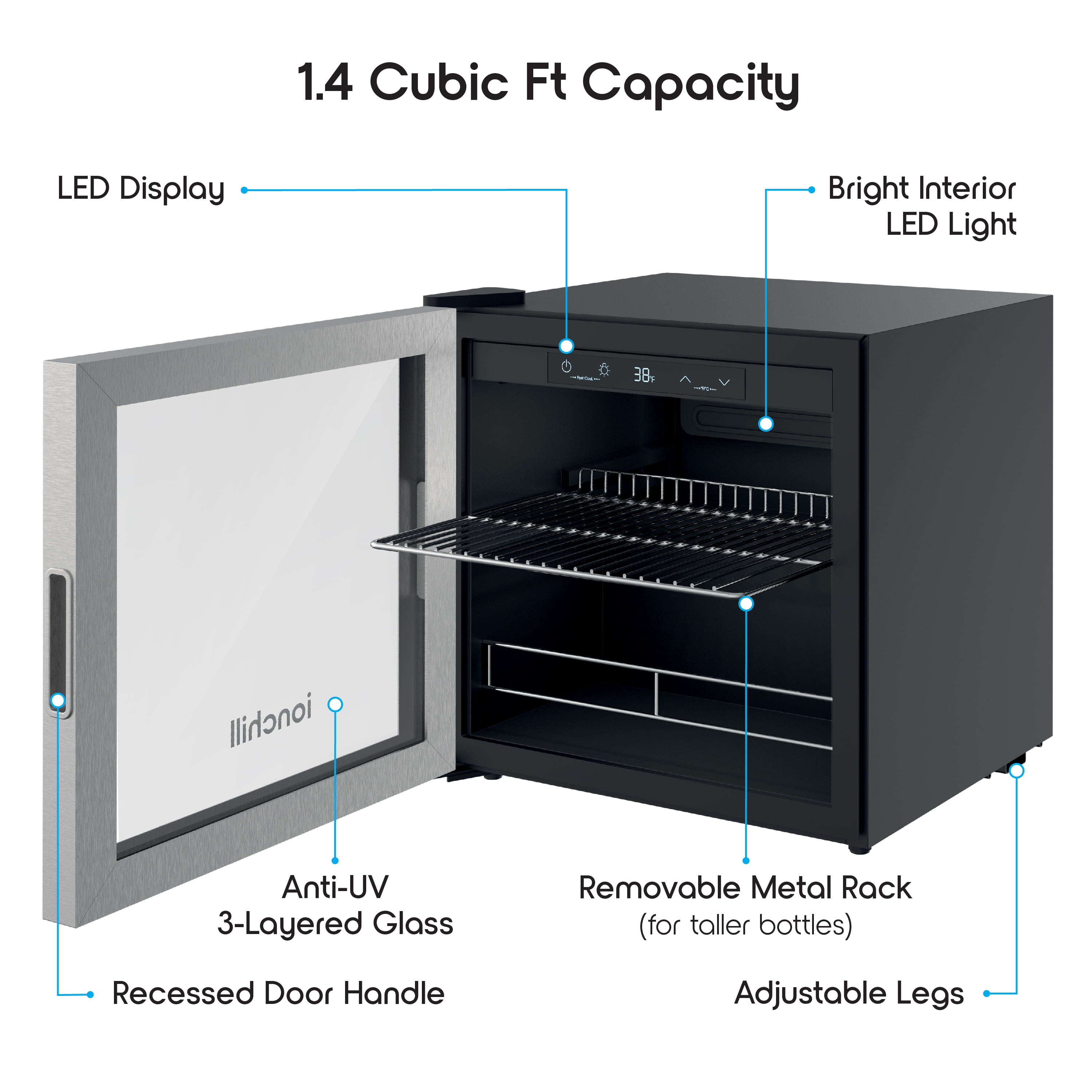 Ionchill 48-Can Mini Fridge, Compact Beverage Refrigerator with Smart Temperature Control & Standard Door, 1.4 Cu. ft., 17.3 in., New