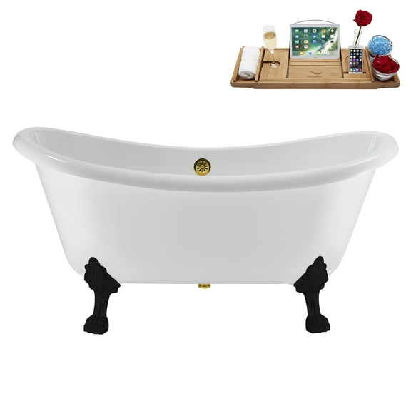59" Streamline N4880BL-GLD Soaking Clawfoot Tub and Tray With External Drain in Polished Gold and Matte Black Clawfeet