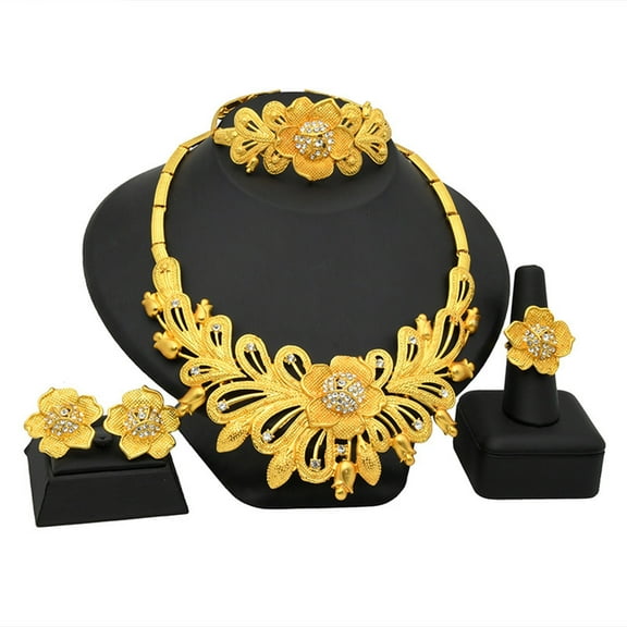 Practical Bridal Jewelry Set with Florals Crystals Necklace and Clip Earrings Portable Accessory for Elegant Look
