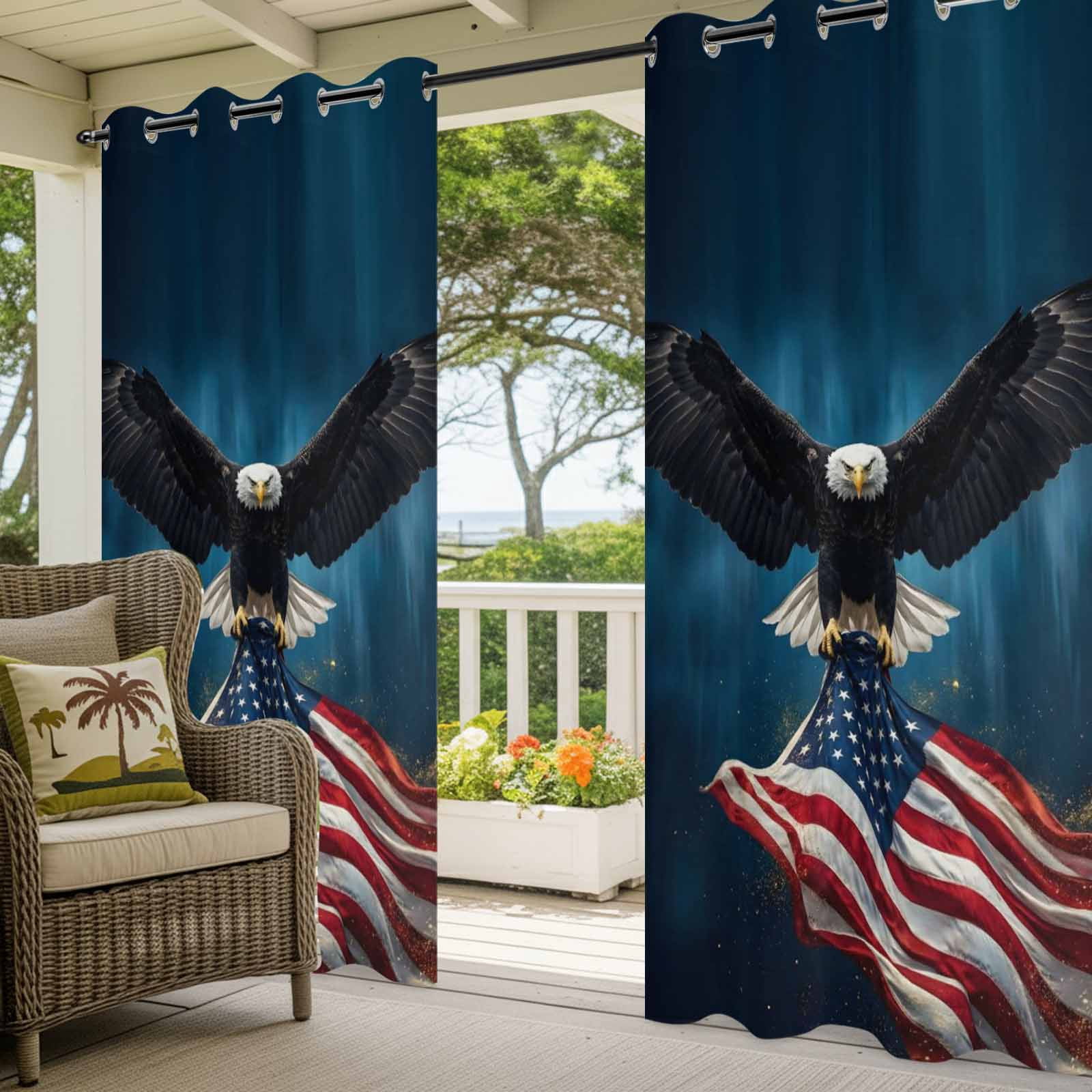 Independence Day Outdoor Curtains for Patio, U. S. Flag Cool Soaring Bald Eagle Sunshade Privacy Drapes Grommet Waterproof Outside Curtains for Porch/Cabana/Balcony 54"x 108", 1 Panel
