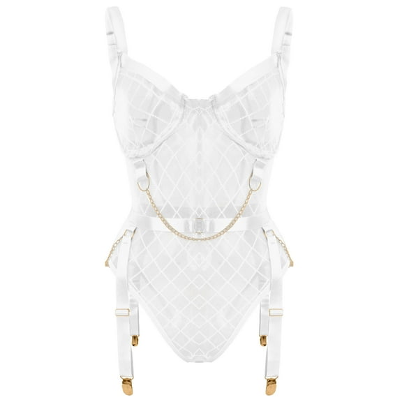 Ausing Women Teddy Lingerie Mesh Mini Babydoll Bodysuit See Through Garter Belt One Piece Adjustable Underwear Plus Size White 3XL