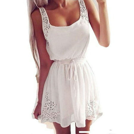 Summer Women Sleeveless Casual Chiffon Short Mini Dress Ladies Cocktail Casual Party Holiday Hollow Out Beach