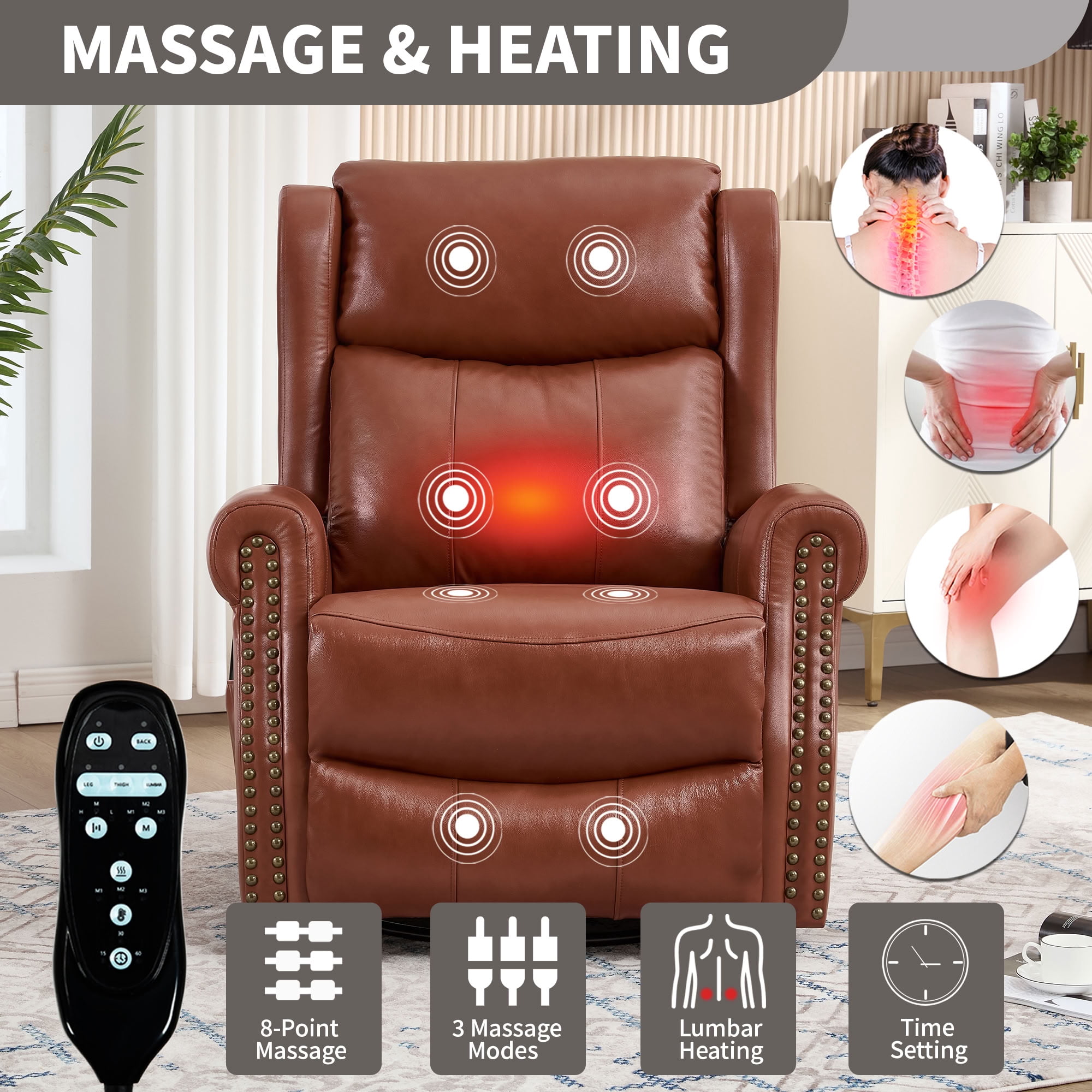 MAYEERTY 360 Degree Swivel Rocker Recliner Chair, Genuine Leather Manual Recline Glider Armchair with 8-Point Vibration Massage & Lumbar Heat, for Living Room Home Theater