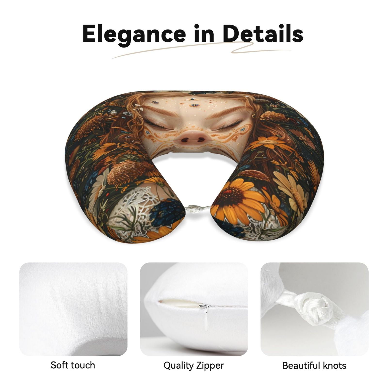 Xecao Whimsical Flower Crown Maiden Print Memory Foam Cervical Neck Pillow Versatile U-Shaped Pillows for Home,Office,Camping,Travelling,Soft Washable Cover
