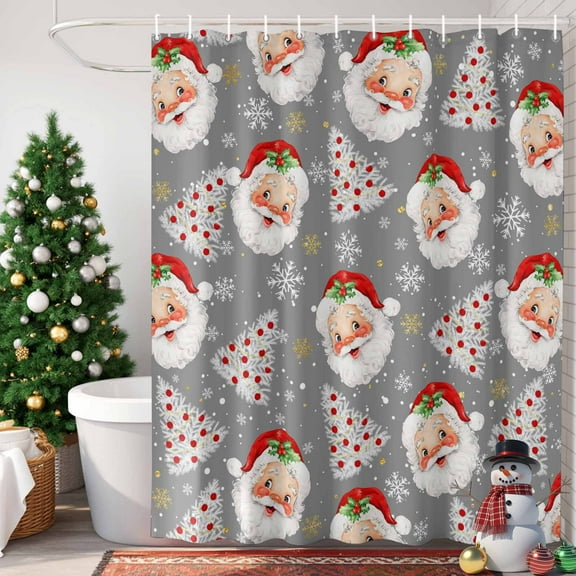 Christmas Santa Claus Shower Curtain, 48" x 72", Christmas Tree Snowflakes Red Grey Waterproof Bathroom Curtain Washable Shower Curtain Set with 12 Hooks