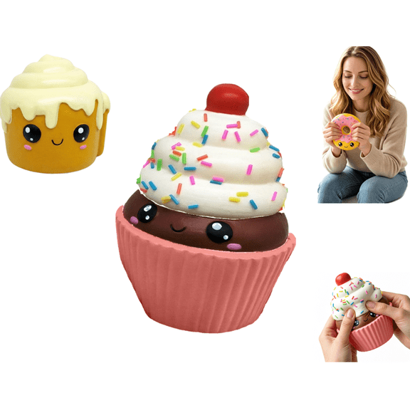 Cupcake Squishy Toy, Kawaii Slow Rising Food‑Themed Squeeze Fidget Toy, Soft PU Realistic Dessert Squishy, Anxiety Relief Hand Squeeze Toy for Adults