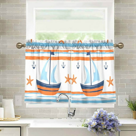 Yayeee Kitchen Curtains Tier Pair Light Filtering 27"x24" Rod Pocket Short Cafe Window Panel, Blue Nautical Pattern