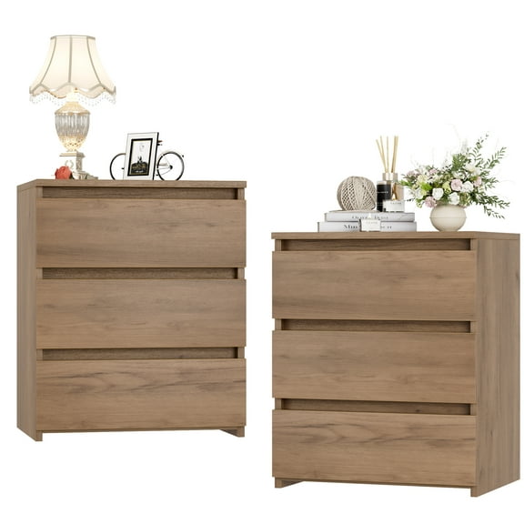 Open Box Homfa 3 Drawers Nightstand Set of 2, Small Sofa Table, Wooden Storage Cabinet for Living Room, Wood Grain