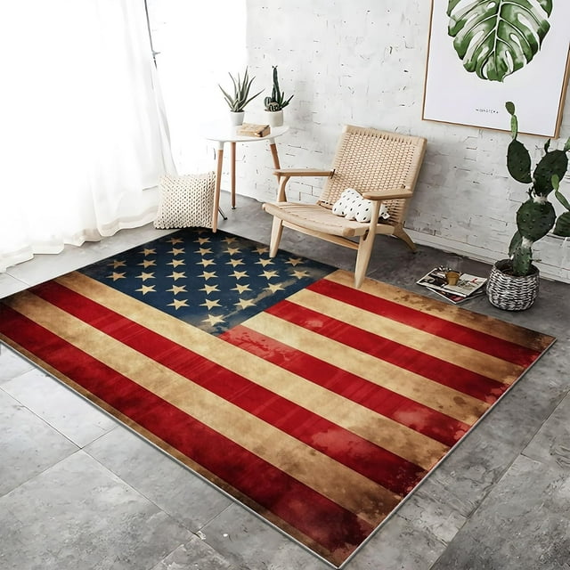 Washable Area Rug 8 X 10 ft, Lightweight Low-Pile Retro Patriotic Flag Printed Area Rug, Kitchen Indoor Non Slip Carpet Floral Red White Blue Print Mat Living Room Bedroom Dining Room