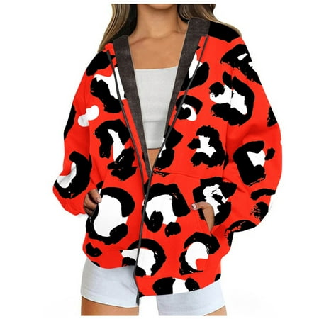 Image of Lovskoo Winter Coats for Women 2023 Trendy Vintage Ethnic Sherpa Fleece Lined Jackets Hooded Warm Printed Jacket with Zipper Double Pockets Coat Red