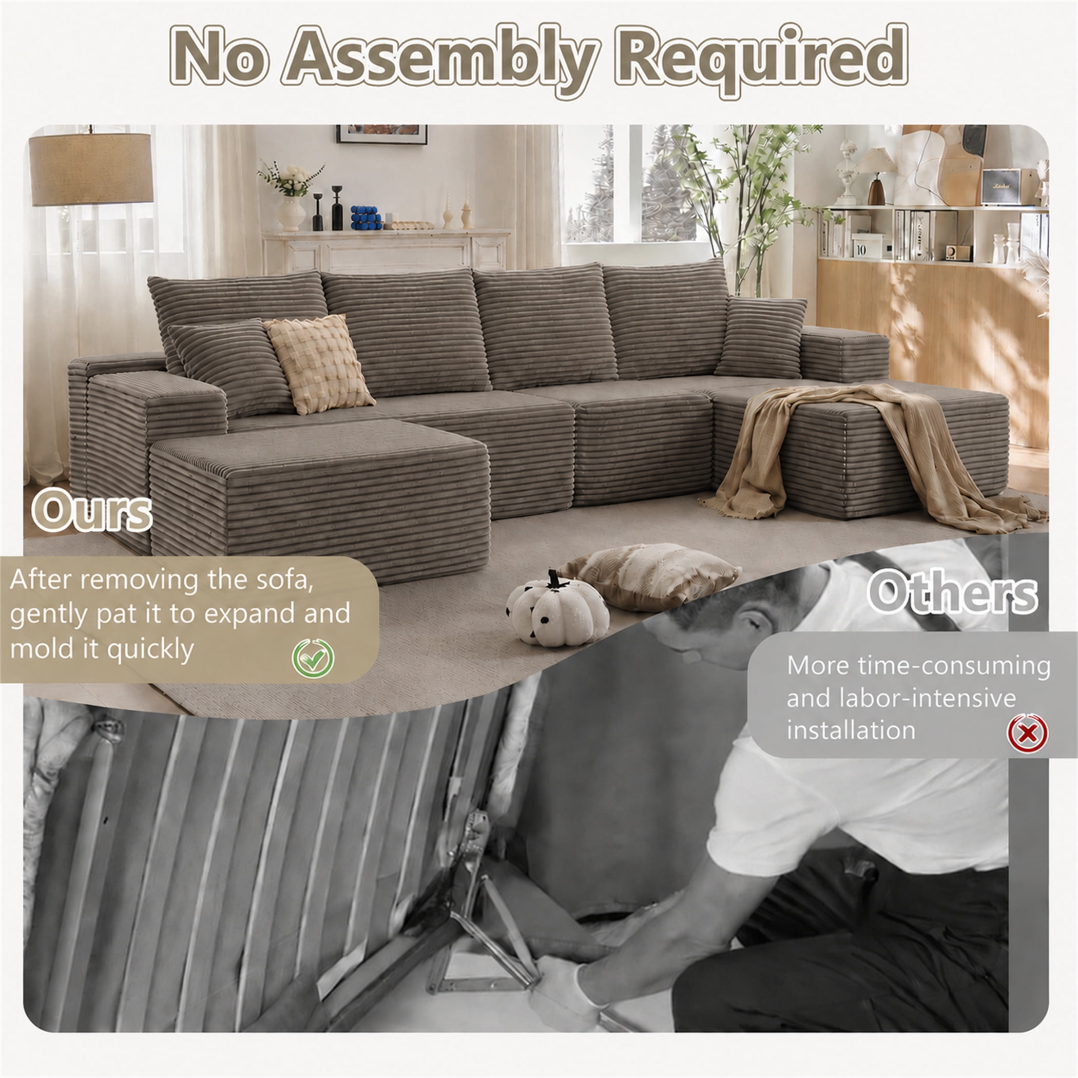 Aukfa 115" Cloud Sectional Sofa U Shape Modular Boneless Couch for Living Room, 2 Ottoman&Pillows, Corduroy, Brown