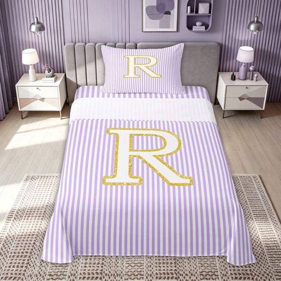 meiyoeat Gold R Monogram Twin Sheets for Kids Girls Women, Purple Stripes Bedding for Bedroom, 3 Pieces