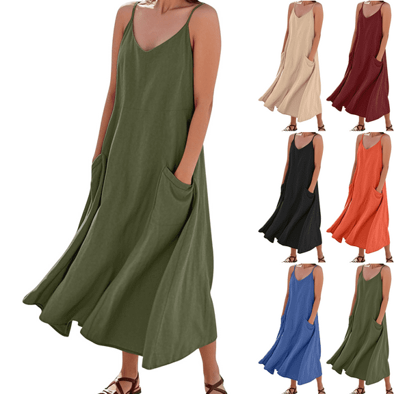 Maxi Dresses for Women Solid Color Women's Spaghetti Strap Dress with Side Pockets Strappy Dress Cotton Linen Summer Vacation Beach Party Plus Size S-XXXL