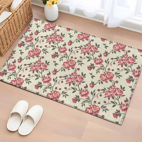 2x3 Ft Entryway Area Rug, Red Roses Spring Kitchen Rug Runner Washable Floor Mat, Farmhouse Flower Botanical Non Slip Indoor Door Mat Throw Carpet for Bathroom Living Room Bedroom