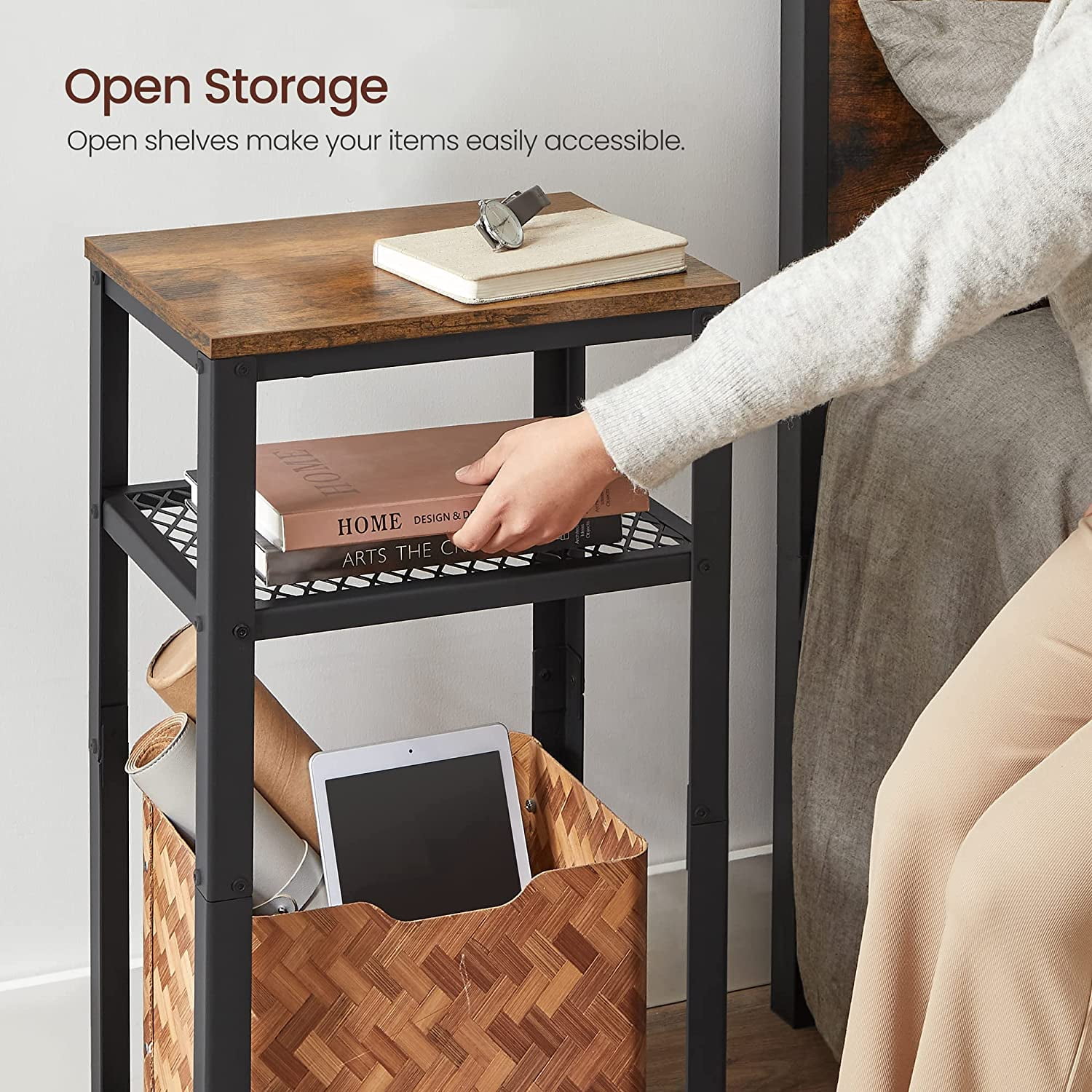 VASAGLE Tall Side Table, Telephone Table End Table with 2 Mesh Shelves for Living Room Bedroom Home Office