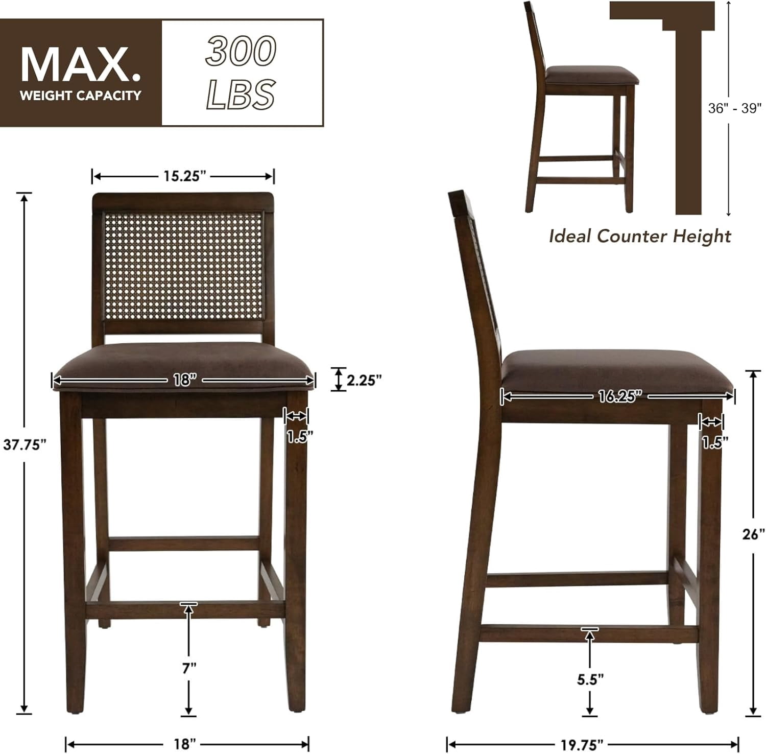 Guyou 26" Rattan Bar Stools Set of 2, Farmhouse Faux Leather Upholstered Counter Height Stools with Cane Woven Back, Mid-Century Modern Wooden Bar Chairs for Kitchen Island, Walnut Brown