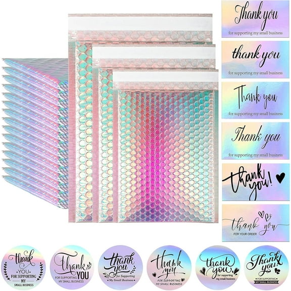 50 Pcs Metallic Bubble Mailers,With Thank You Cards and Stickers,Holographic Bubble Mailers,Self Seal Poly Padded Envelopes,Adhesive Shipping Bag,Cushion Envelopes for Mailing Small Business