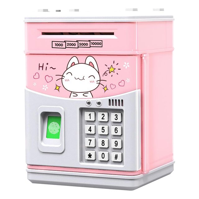 IROINID Cartoon Electronic Password Bank Cash Coin Jar in a pink and white design featuring a happy cat illustration on the front. The bank includes a coin slot on top, a keypad, and a fingerprint scanner for added interactivity. It functions as an ATM savings box, automatically rolling banknotes from the front and playing music during the process. Made of ABS material, it measures approximately 15 x 14.5 x 21 cm and is suitable as a novelty gift or birthday present. Batteries not included.