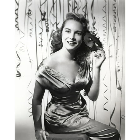 - Janet Leigh Posed in White V-Neck Drape SIlk Shoulder Dress with Left Hand Holding the Hair and Right Knee Raised Photo Print