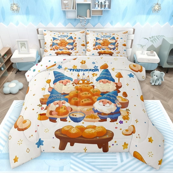 Feelyou Western Happy Hanukkah Bedding Comforter Set, Cartoon Funny Gnome Twin Comforter Sets, Chanukah Holiday Reversible Bedding Set, Luxury Bedroom Decor, 2 Pieces