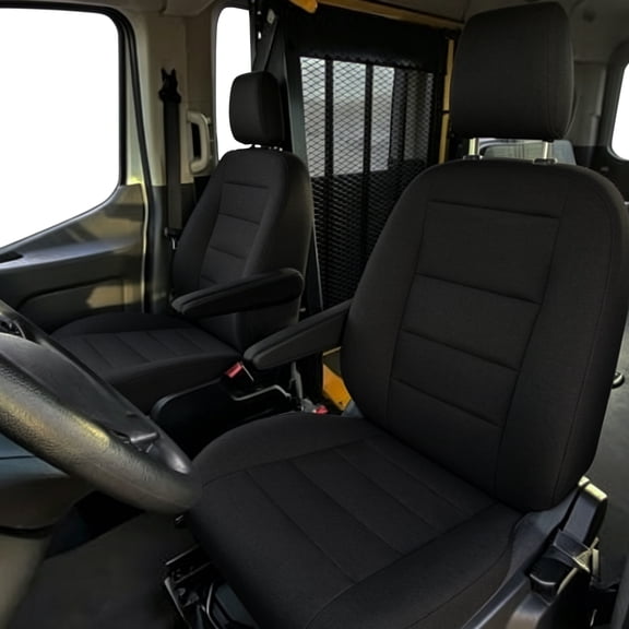 Heavy-Duty Composite Fabric Front Bucket Seat Covers for Ford Transit 2014-2021 Full-Back Design with Pockets Armrests and Headrest Covers - Black