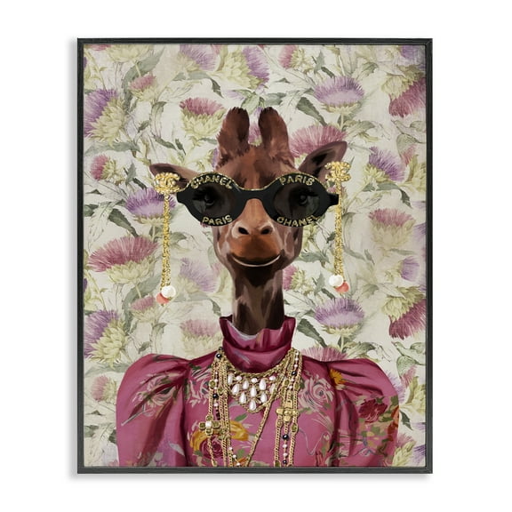 Stupell Industries Fancy Giraffe on Florals Animals Painting Black Framed Art Print Wall Art, 11 x 14