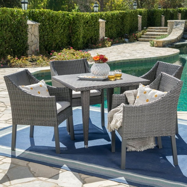Arcadia Outdoor 5 Piece Wicker Square Dining Set With Cushions Grey Silver Com Wicker Square Dining Set With Cushions, Arcadia Outdoor Furniture
