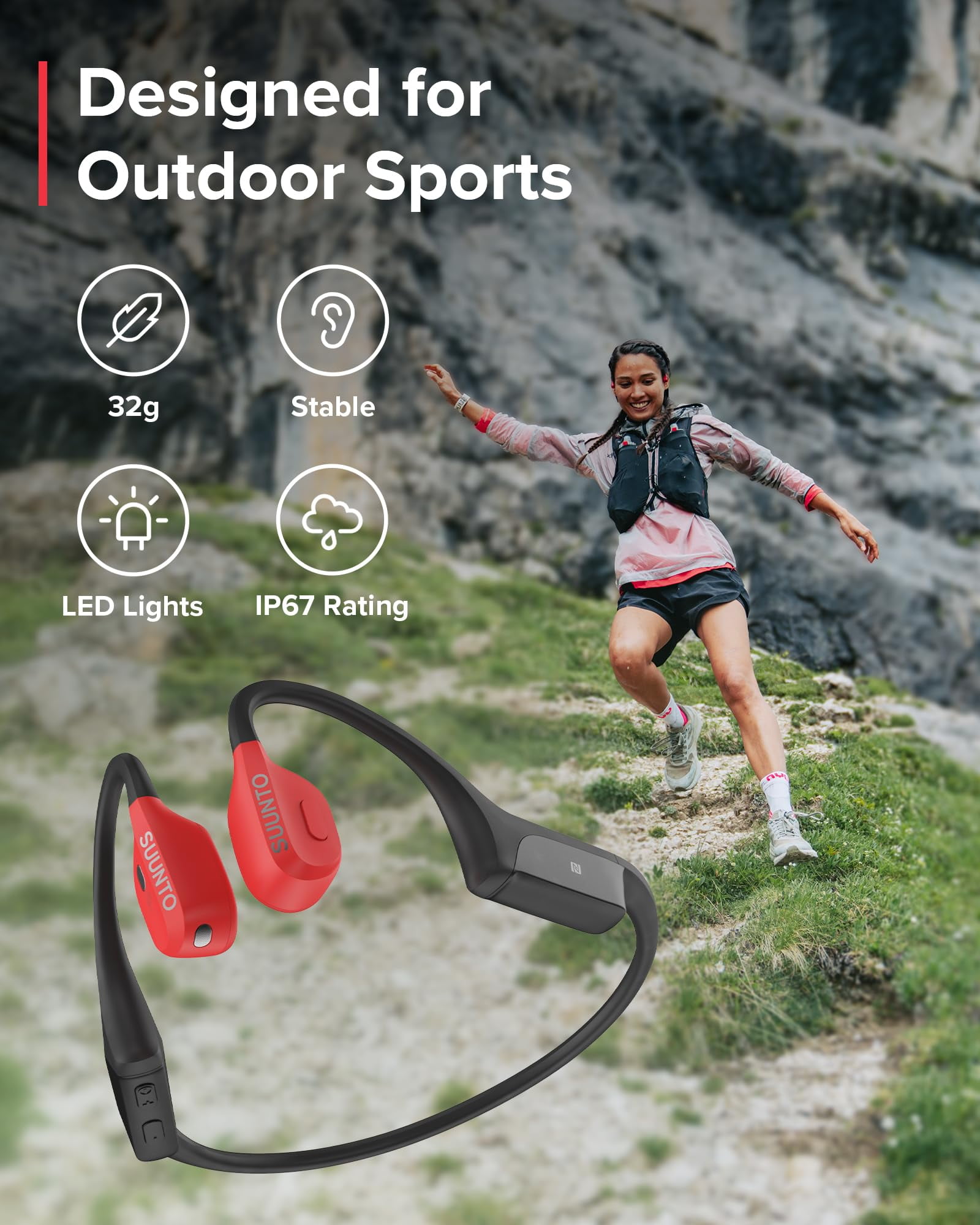 Suunto Adult Indoor Anti Wind Bluetooth Open Ear Headphone, Red, SS050944000